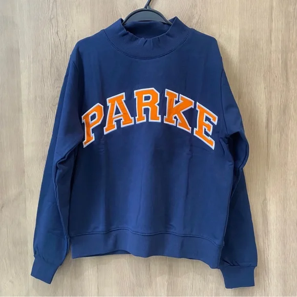Parke Navy Crew Sweatshirt with Orange Collegiate Letters - Picture 2 of 7